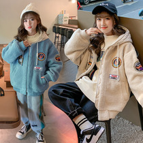 Girl Lamb Fur Coats Winter Thickened Foreign Air Korean Version Tennis Red Girl Clothing 2022 New Tide Trendy Middle School Children