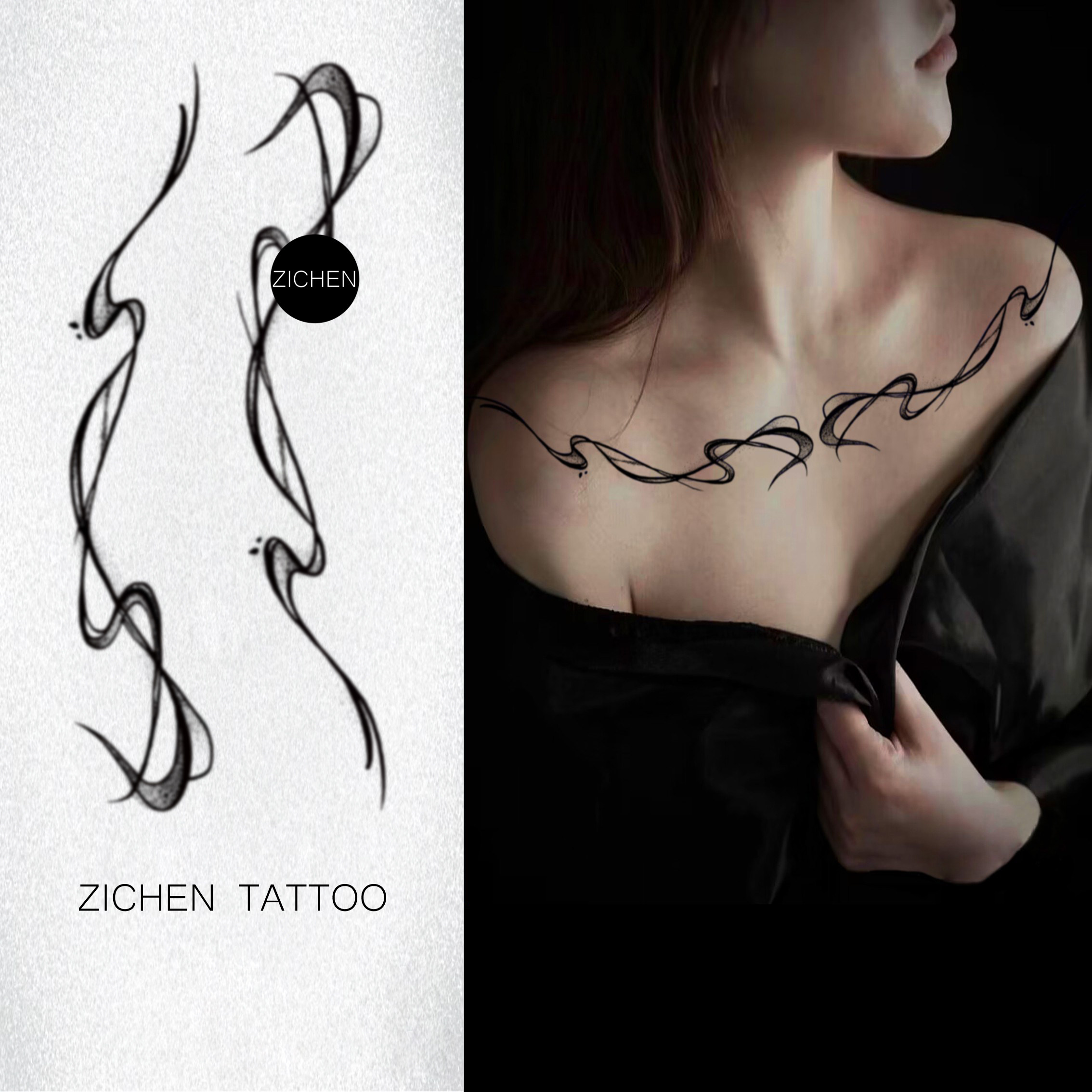 ZICHEN 原创意识流线条流动烟雾锁骨对称草本纹身贴女胸前高级感评价- 淘宝网, image size:2268x2268