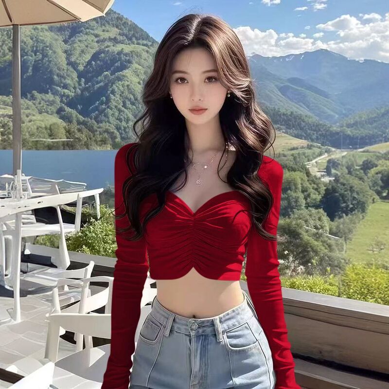 New Autumn Square-Neck Cropped V-Neck Pleated Long-Sleeve T-Shirt for Women, Red Cropped Slim-Fit Design Top, Trendy New Autumn Square-Neck Cropped V-Neck Pleated Long-Sleeve T-Shirt for Women, Red Cropped Slim-Fit Design Top, Trendy