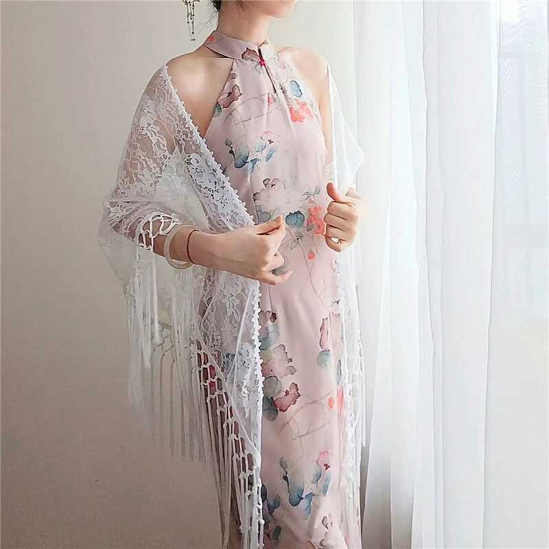 Lace Cheongsam Shawl Triangle Scarf Long Women's Retro Cheongsam Style Handmade Tassel Summer White Black