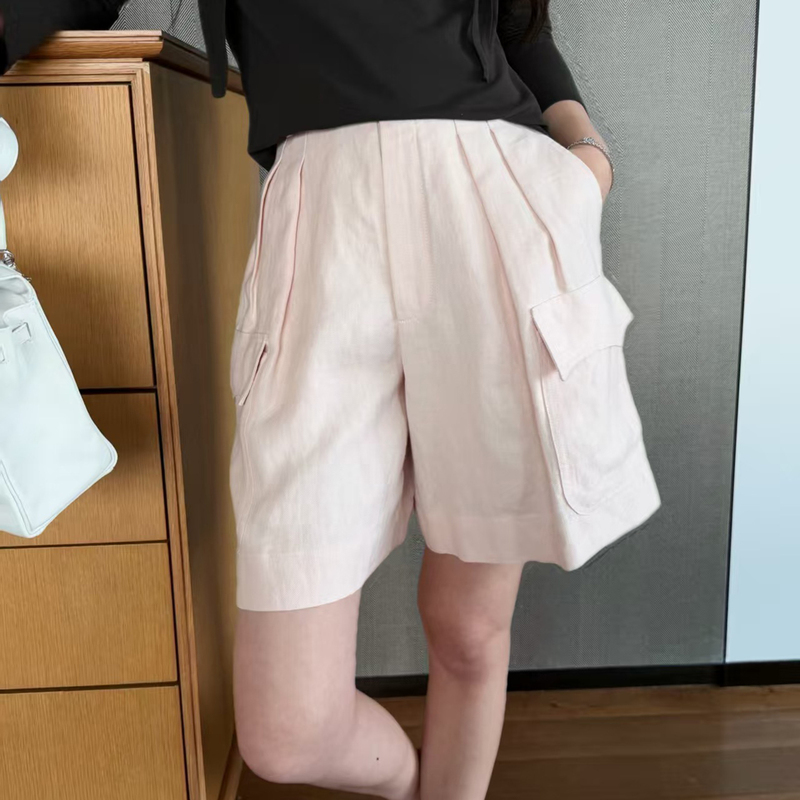 Tan Juanjuan's Old Money Style Relaxed Workwear with Curved Double Pockets! Breathable Linen Crepe Wide-Leg Casual Shorts