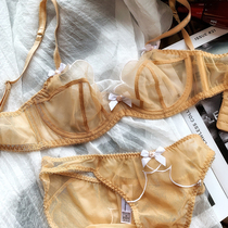 Black wine red mesh yarn ultra-thin transparent large breasted with steel ring underwear perspective butterfly knot teenage bra suit