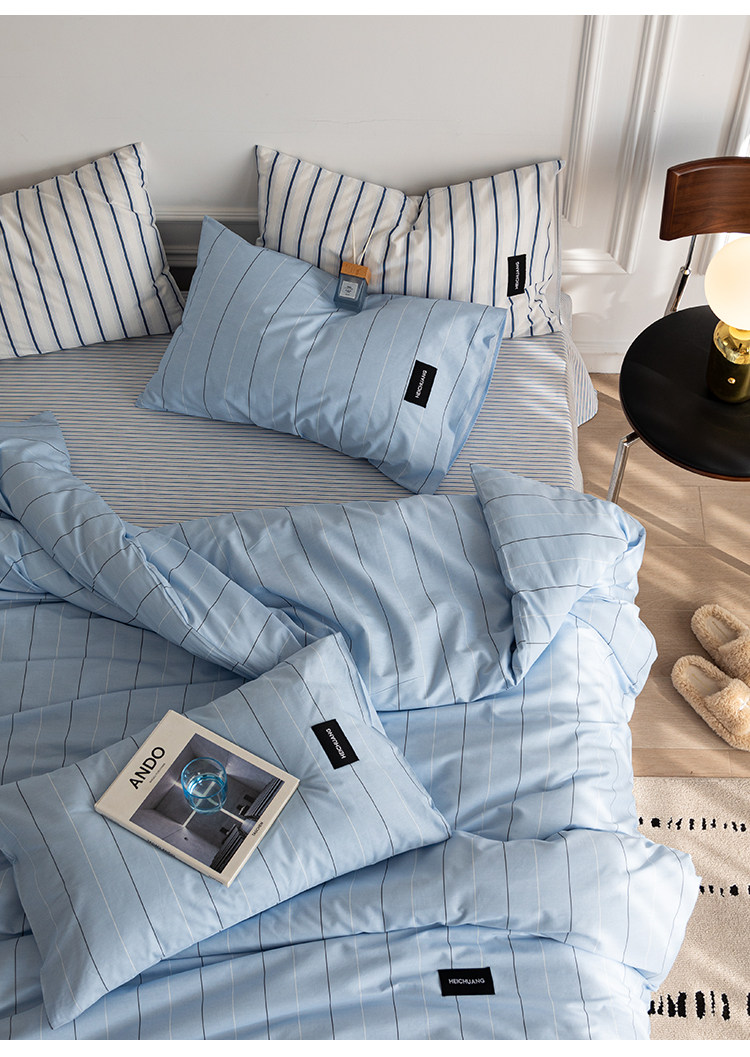 Комплект постельного белья 虾米的故事 из 100% хлопка в полоску синий цвет 3-4 предмета для студенческого общежития