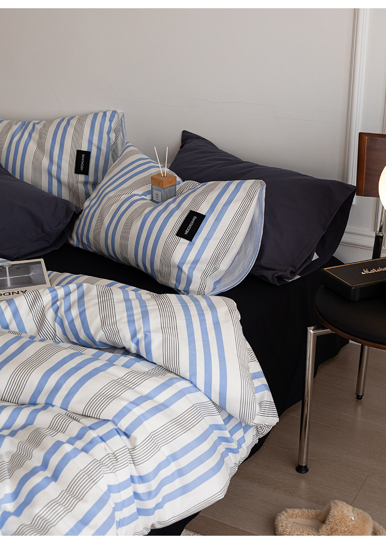Комплект постельного белья 虾米的故事 из 100% хлопка в полоску синий цвет 3-4 предмета для студенческого общежития