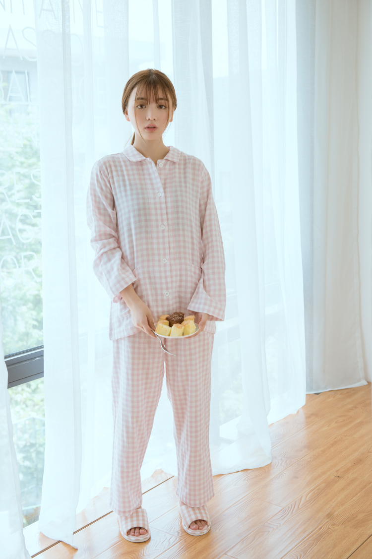 Bộ đồ ngủ gạc cotton hai lớp mùa xuân và mùa thu kẻ sọc nam kiểu dáng cotton Nhật Bản phù hợp với áo len đôi bộ đồ khủng log
