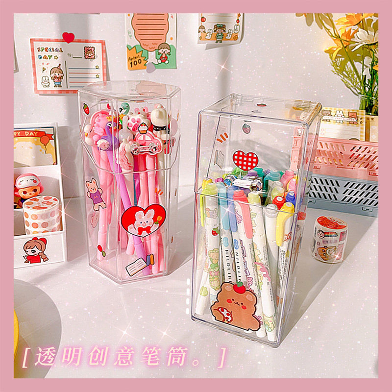 Acrylic pen holder student desktop large capacity creative Nordic with lid ins net red transparent stationery storage box