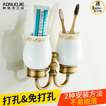 No punching all-copper European antique double cup holder mouthwash cup set couple cup bathroom toothbrush holder stainless steel