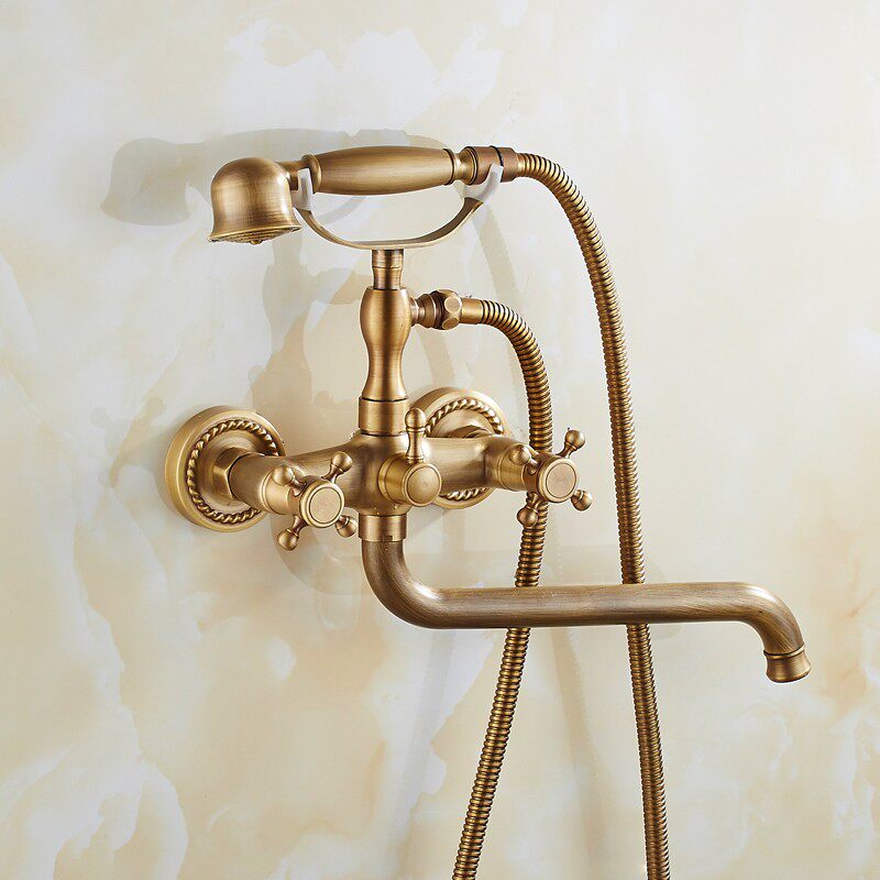 Antique full copper bathtub hot and cold tap shower faucet bathroom shower head shower suit water mixing valve triple double handle