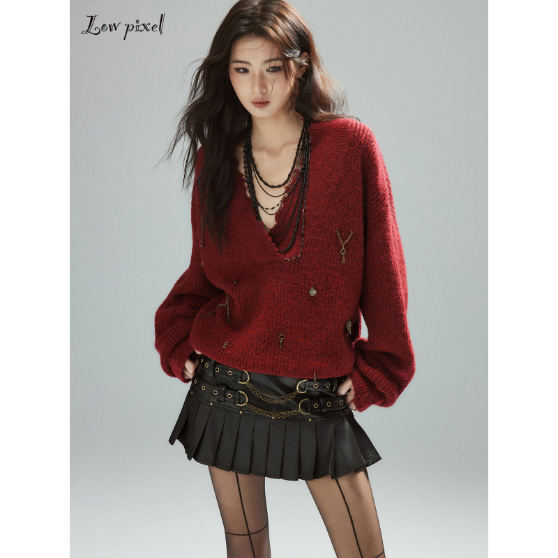 Low Pixel Wool V-Neck Knitwear Red Vintage Chain Loose Frayed Casual Sweater Low Pixel Wool V-Neck Knitwear Red Vintage Chain Loose Frayed Casual Sweater