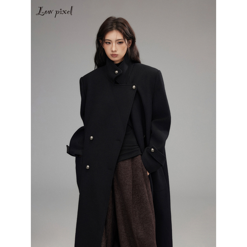 Low Pixel 50% Wool Woolen Coat, Black, Wide Shoulder, Notched Lapel, Thick Long Coat Low Pixel 50% Wool Woolen Coat, Black, Wide Shoulder, Notched Lapel, Thick Long Coat