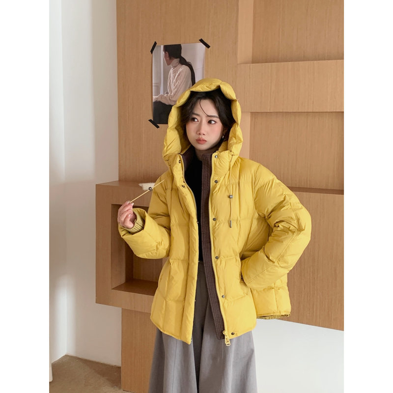 Women's Mid-Length Yellow Hooded Thickened Loose-Fitting down Jacket for Petite Sizes
