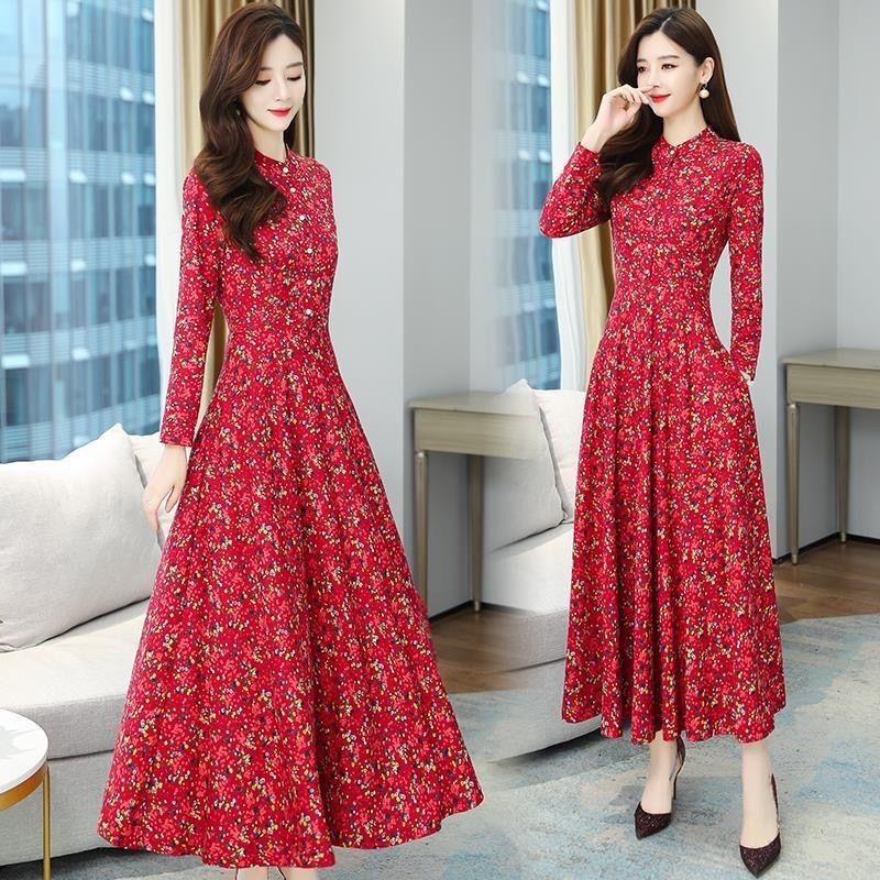 Design-Conscious, Unique Red New Year Long-Sleeve Dress with Floral Print, Slight Stretch, Waist-Cinching, Tummy-Concealing, Elegant, Flared Long Dress for Autumn Design-Conscious, Unique Red New Year Long-Sleeve Dress with Floral Print, Slight Stretch, Waist-Cinching, Tummy-Concealing, Elegant, Flared Long Dress for Autumn