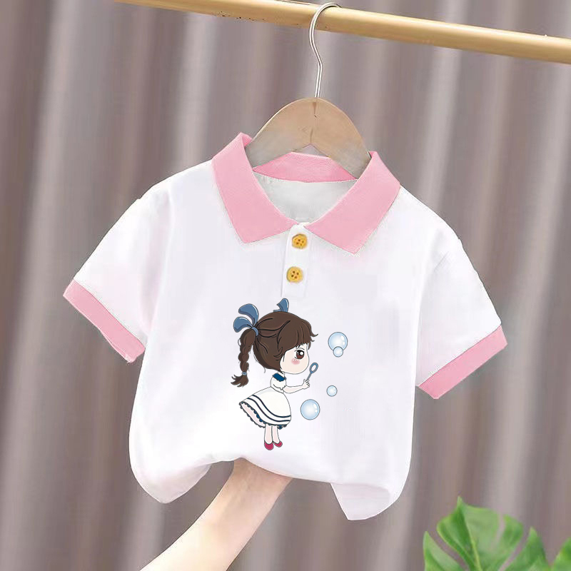 100% Pure Cotton Girls' Polo Shirt Summer Kidsren's Cartoon Stylish Printed Short-Sleeved T-Shirt Lapel Top 100% Pure Cotton Girls' Polo Shirt Summer Kidsren's Cartoon Stylish Printed Short-Sleeved T-Shirt Lapel Top