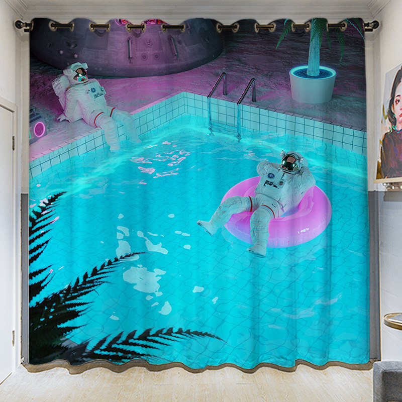 Custom long cord Coarse Hemp Moon Party Blue All-Shading Shading SUN PROTECTION SUNSCREEN BEDROOM LIVING ROOM WITH BALCONY CURTAINS NO.