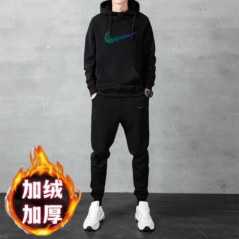 Nk Trendy Brand Men's Hooded Cotton Sweatshirt Two-Piece Set for Autumn and Winter, Fleece-Lined, Thickened, Warm, Casual, Stylish, Suitable for Running and Sports