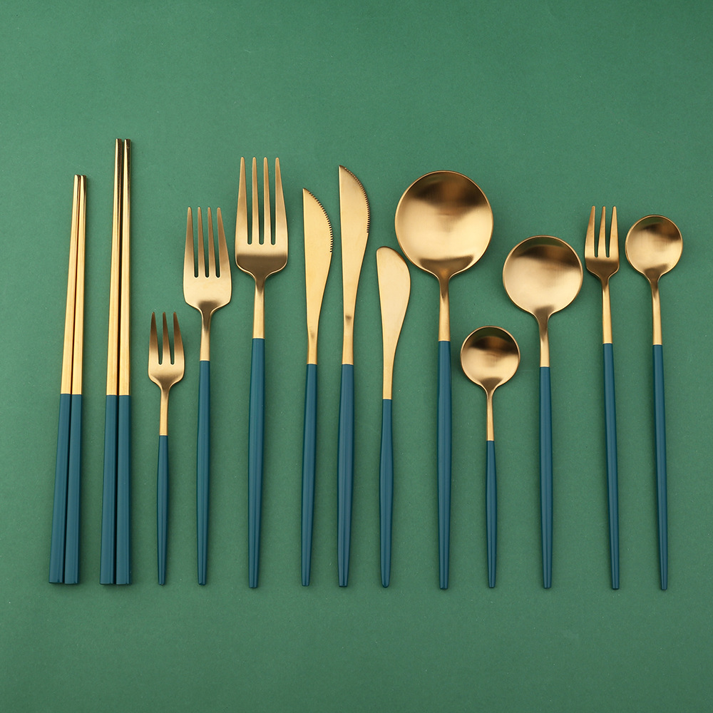 Q304 Sanding Portugal malachite green gold Western spoon chopsticks white-collar net red dark green tableware knife and fork stainless steel