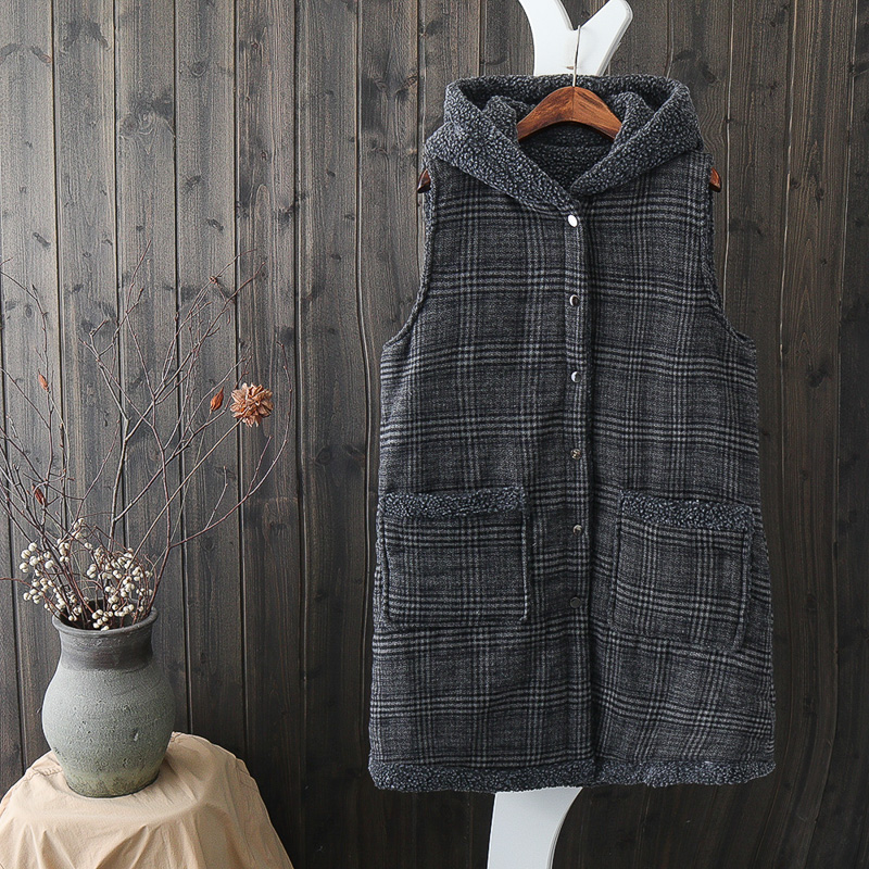 DM73 vest dài trùm đầu áo khoác kẻ sọc nhồi bông vest vai cừu vòng tròn tối khóa lỏng phiên bản lớn kích thước lớn áo blazer nữ đẹp