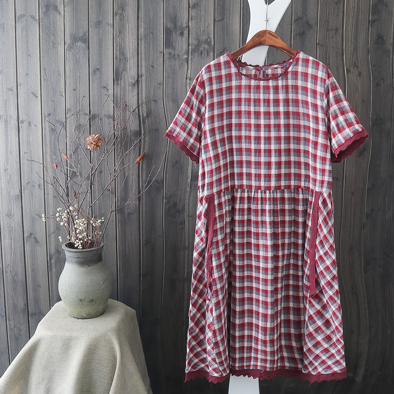 J87 sen retro crochet thêu vòng cổ kẻ sọc ăn mặc trên cả hai mặt với văn học bông và vải lanh đoạn dài một chiếc váy váy xoè dài