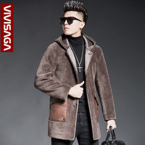 Fur one-piece mens sheep shearing coat medium and long hooded leather leather fur lamb wool winter coat tide