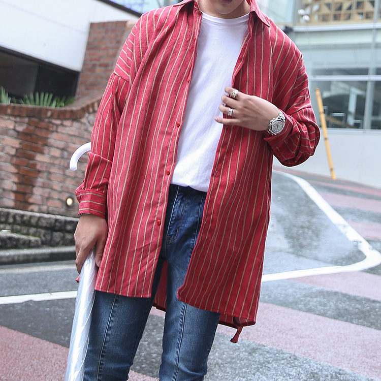 OHONLY 17/AW 百搭阳光日常三色宽松灯芯绒条纹中长款男女衬衫
