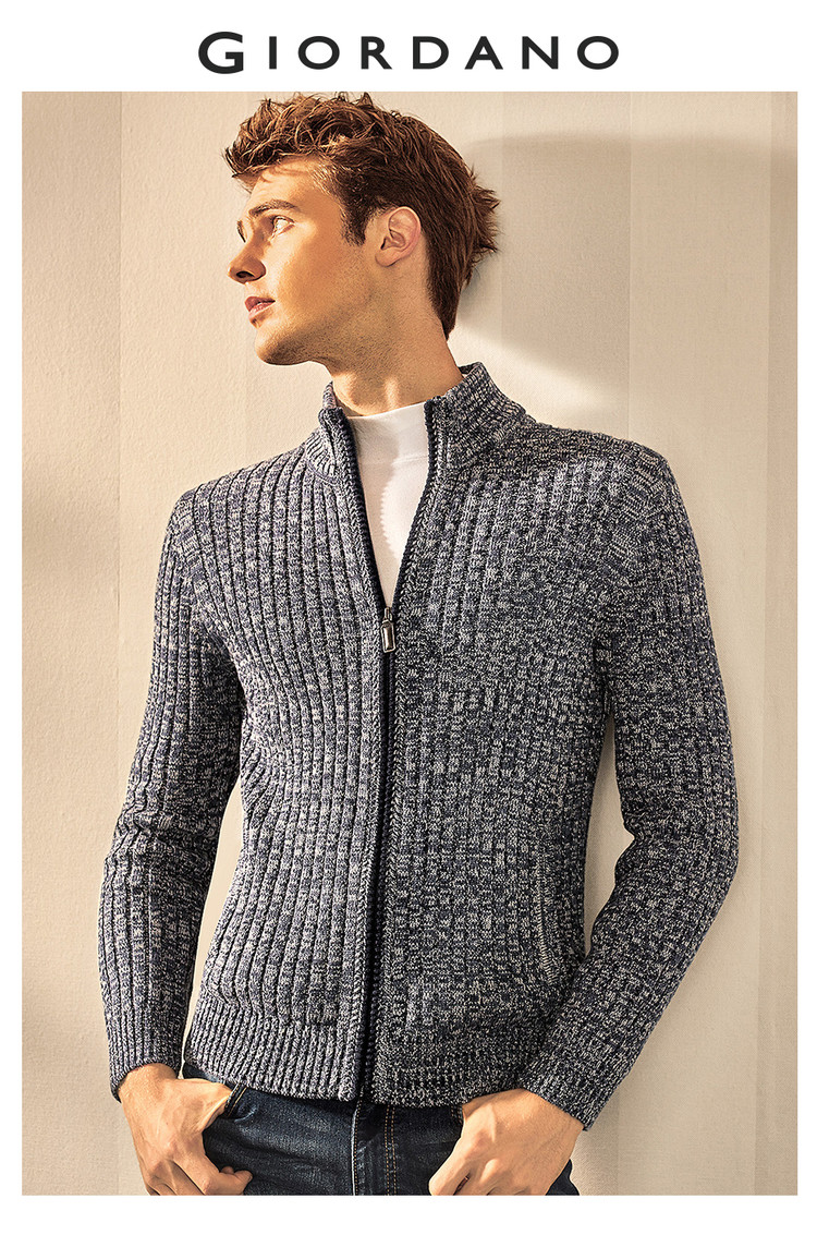 Giordano Dệt Kim Nam Nửa Cao Cổ Dày Áo Len Nam Áo Khoác Cardigan Áo Len Nam Áo Khoác Ngoài 01057707