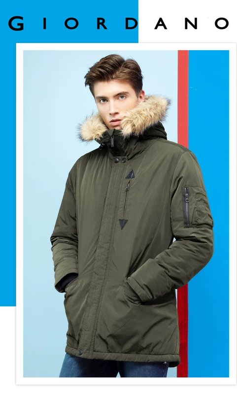 Giordano cotton coat nam phần dài đa túi trùm đầu có thể tháo rời cổ áo lông thú áo khoác quân sự nam 01077778 áo khoác nam hàng hiệu