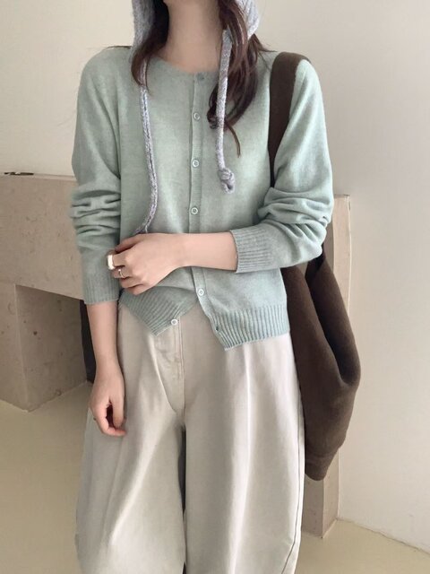 All-Wool Seamless 6629 Autumn and Winter Fashionable Round-Neck Solid Color Knitted Cardigan for Women, Loose Fit, Slimming, Age-Reducing, Long-Sleeved Trendy Top