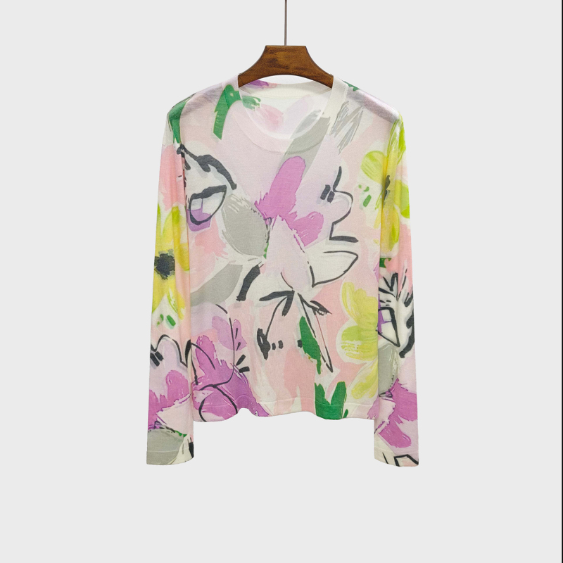 Ultra-Fine Worsted Water-Soluble Tencel Wool Knit Pullover for Women, Ultra-Thin, Skin-Friendly, Layering, Age-Reducing, Printed Long-Sleeve T-Shirt