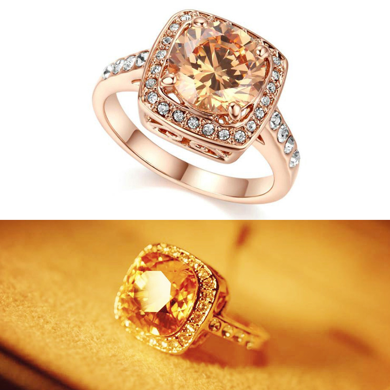 European and American elegance Champagne Pink Rectangle Crystal Ring Wedding Ring Bridal Jewelry Female