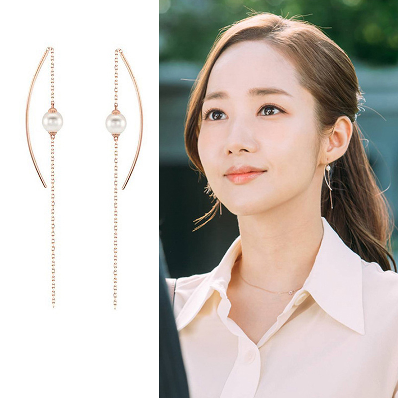 Korean Version Fashion Gold Secretary Why Like The Same Pearl Earrings s925 Pure Silver Long Version Ear Bracelet Anti-Allergy Ear Pin