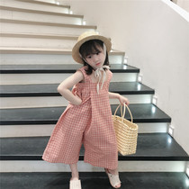 Korean custom strap pants girl Plaid chest jumpsuit baby personality naked leg strap pants 388