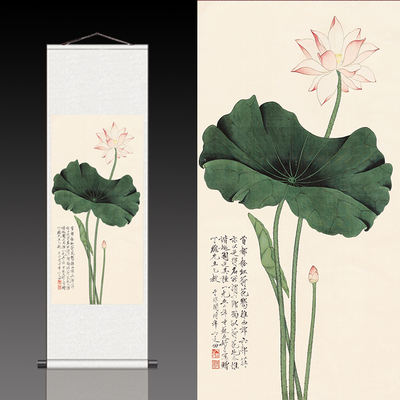 Famous calligraphy and painting of lotus flowers, scroll paintings, silk hanging paintings, scroll paintings, study and living room decorative paintings, sacred lotus flowers, traditional Chinese paintings