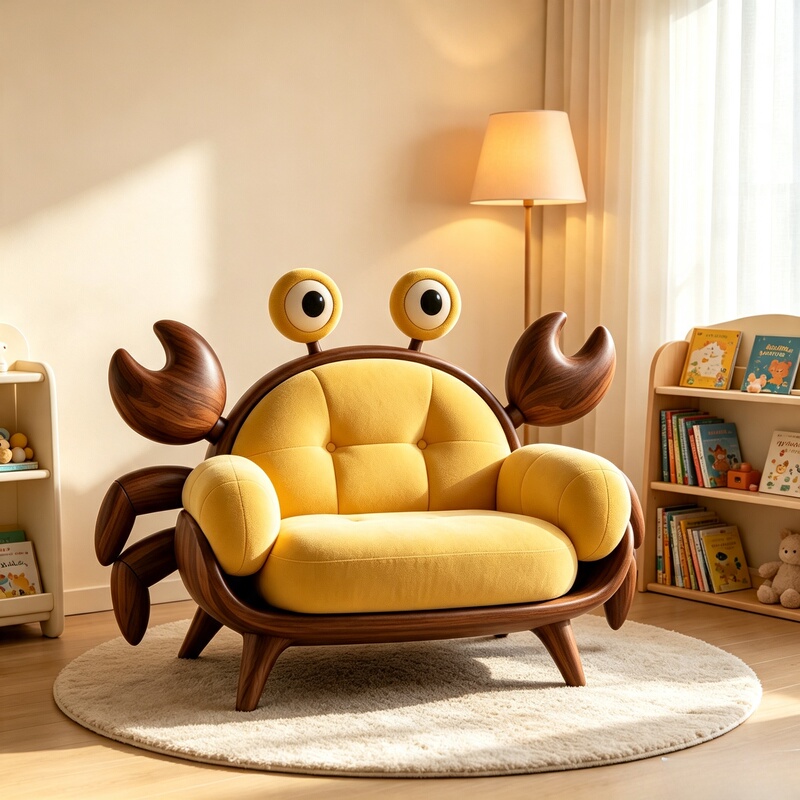 New Chinese-Style Crab-Shaped Solid Wood Sofa, Creative Children's Single Sofa, Living Room Bedroom Black Walnut Leisure Chair