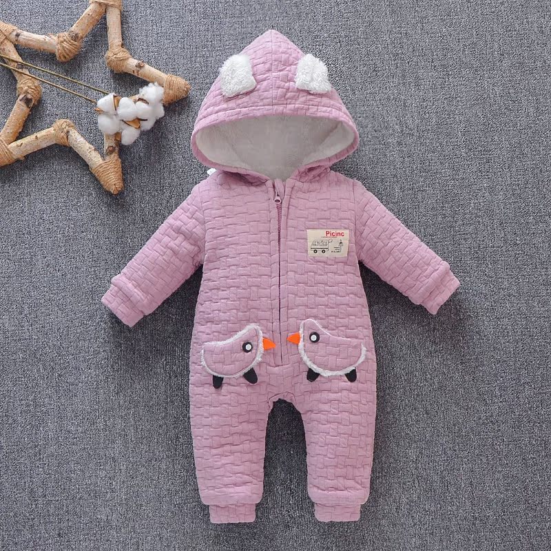 Áo khoác dày cho bé mùa đông trùm đầu 0-1 tuổi nam nữ 9 tháng cộng với jumpsuit nhung 6 áo romper 3 áo liền quần có tất baby