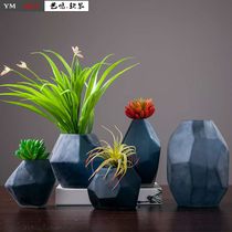 Yiming soft decoration modern simple rhombus glass vase sandblasted living room office desktop hydroponic blue flower vase