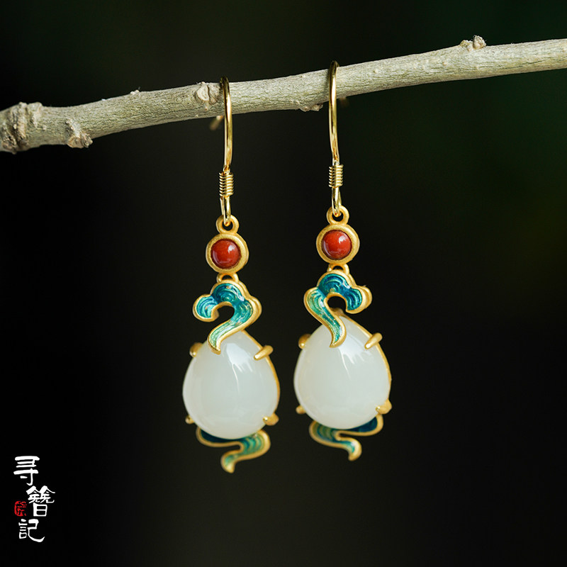Find Hairpin 925 silver gilded earrings ancient method silver inlay and field jade drop enamel Xiang Yunxiang