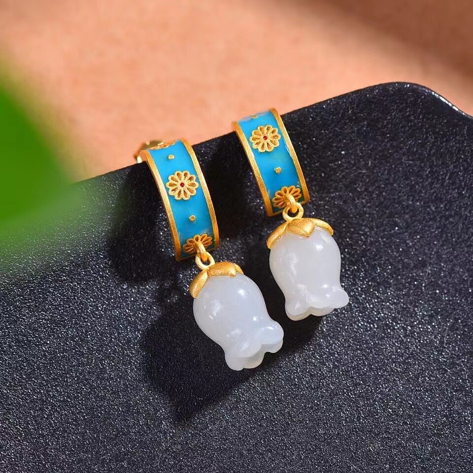 Search for a hairpin 925 silver inlay and field jade rose bud enamel blue semicircle ear pin earbuds