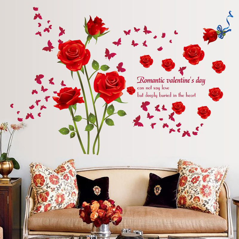 Butterfly rose wall decoration wall stickers living room bedroom sofa wall decals warm wedding room festive stickers