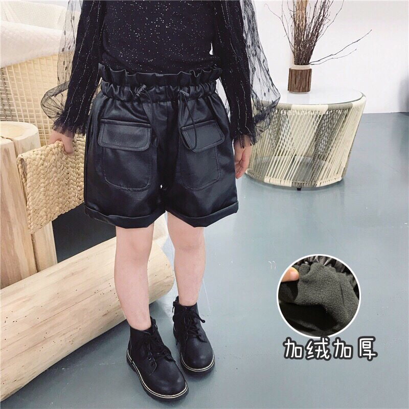 Girls retro high waist leather pants 2019 autumn and winter new Korean version of the children's baby all-match Western style black shorts trend