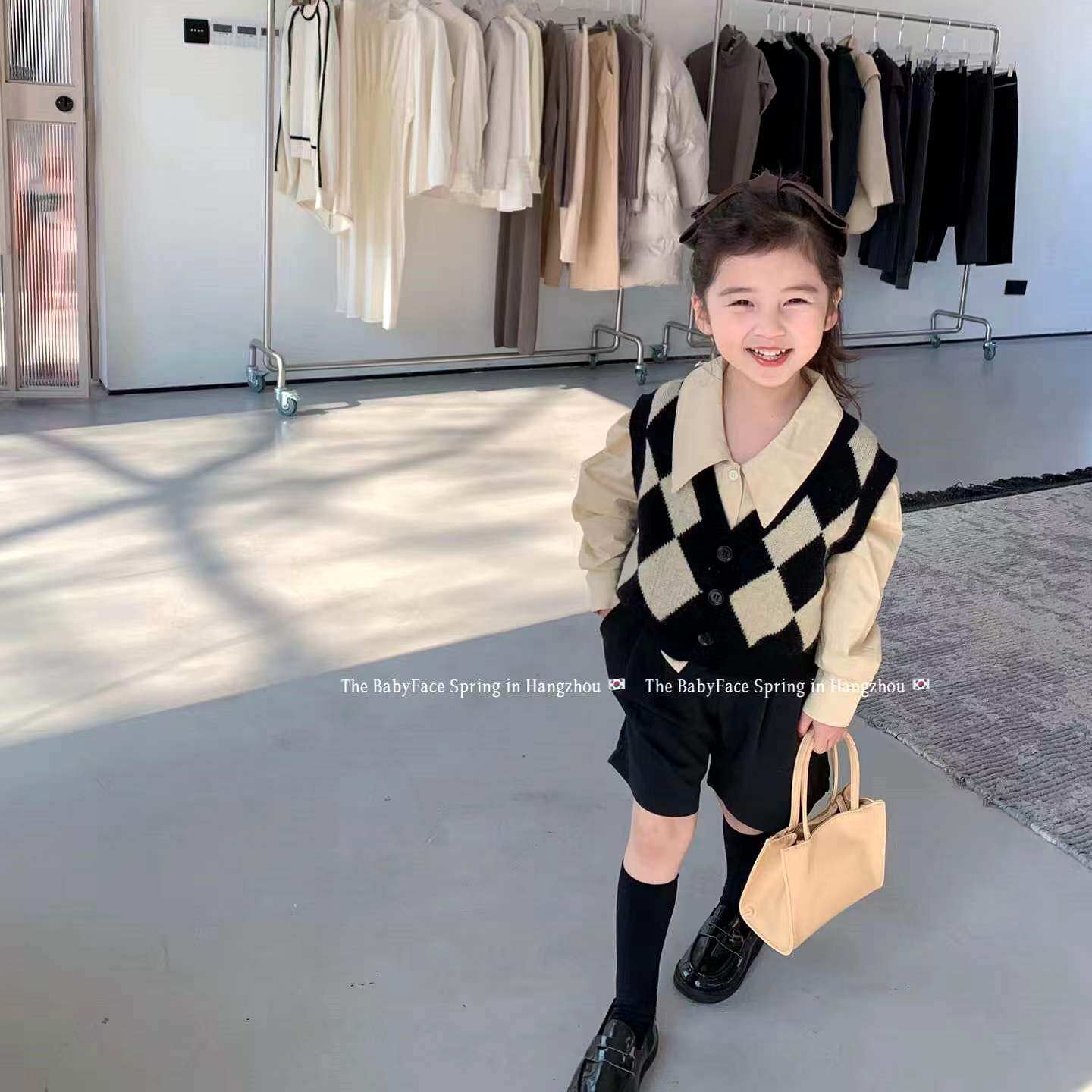 South Korea 2022 Spring Festival girl retro knit waistcoat cardio-hoodie collar shirt child trendy suit 50% pants