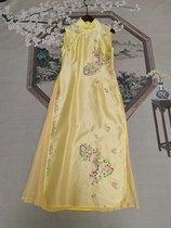 Original ethnic style womens clothing embroidery Chinese style retro silk printing cheongsam Aodai fashion