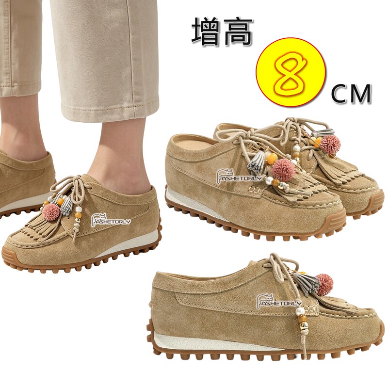 8cm Height-Increasing Genuine Leather Closed-Toe Half-Slippers for Women, 2026 New Style Tassel Kangaroo Thick-Soled Mule Slippers