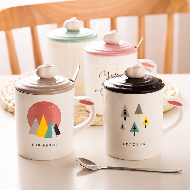 Mark Cup Rabbit Water Cup Lovers Ceramic Cup with lid spoon Coffee cup Cartoon Cute ceramic Cup