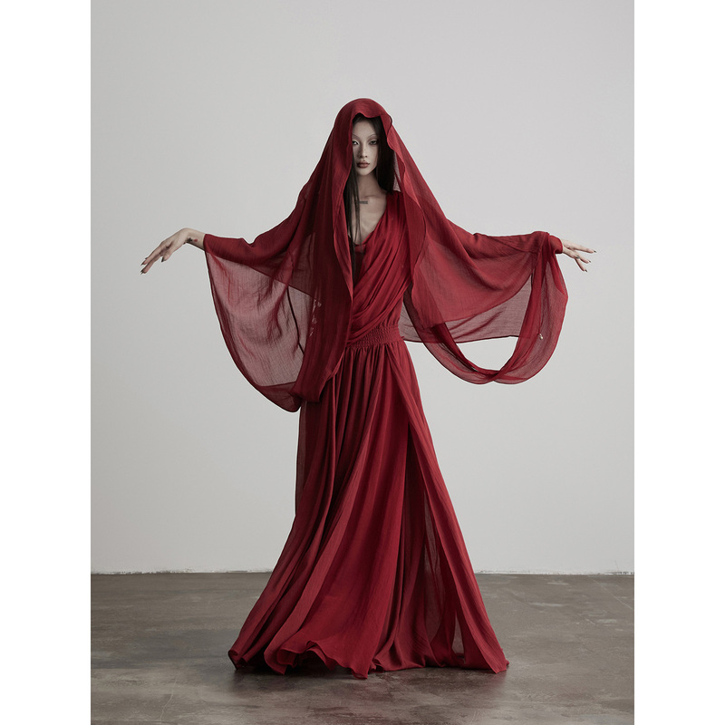 Indulg Dushan·Red Rayon Blend Ribbon Fairy-Like Light and Thin Waist-Cinching Spaghetti Strap Dress Long Skirt