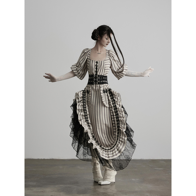 Indulge Unique Multi-Wear Summer Striped Belt Waist-Cinching Square-Neck Lace Dress Patchwork Long Dress