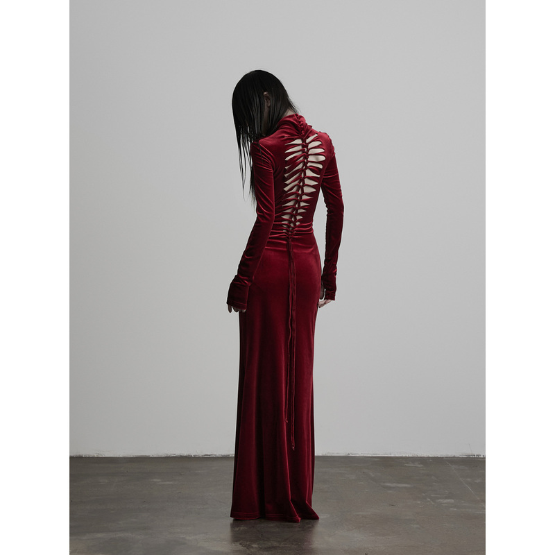 Indulge's "Trick" Hand-Tied Cross-Strap Ribbed Velvet High-Neck Slim-Fit Waist-Cinching Dress Indulge's "Trick" Hand-Tied Cross-Strap Ribbed Velvet High-Neck Slim-Fit Waist-Cinching Dress
