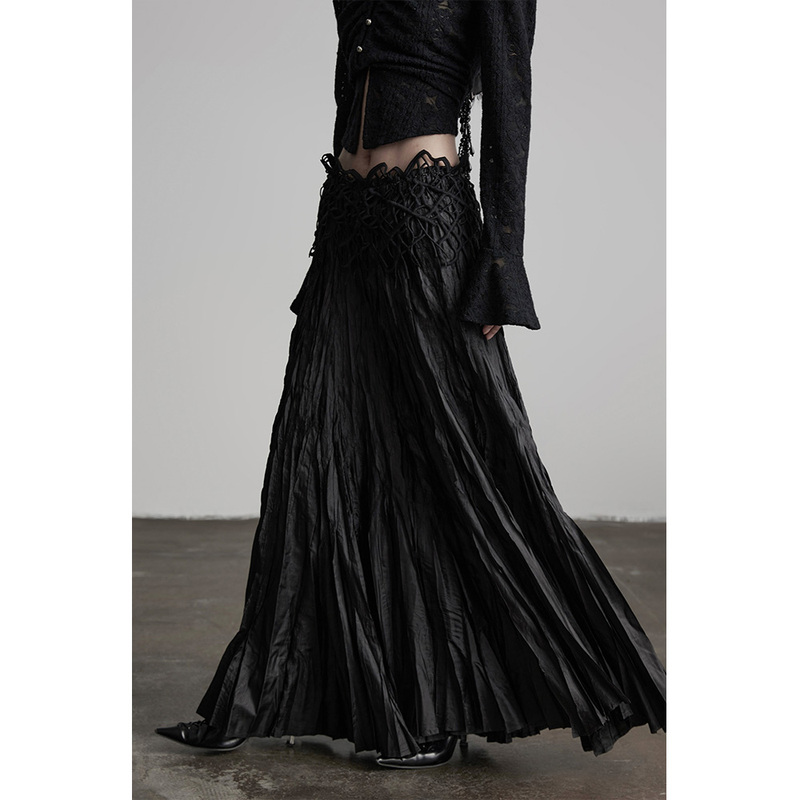 Indulge Nirvana Tree Root·Ultra-High-End Dark Pleated Straight Black Midi Skirt for Women, Spring and Summer