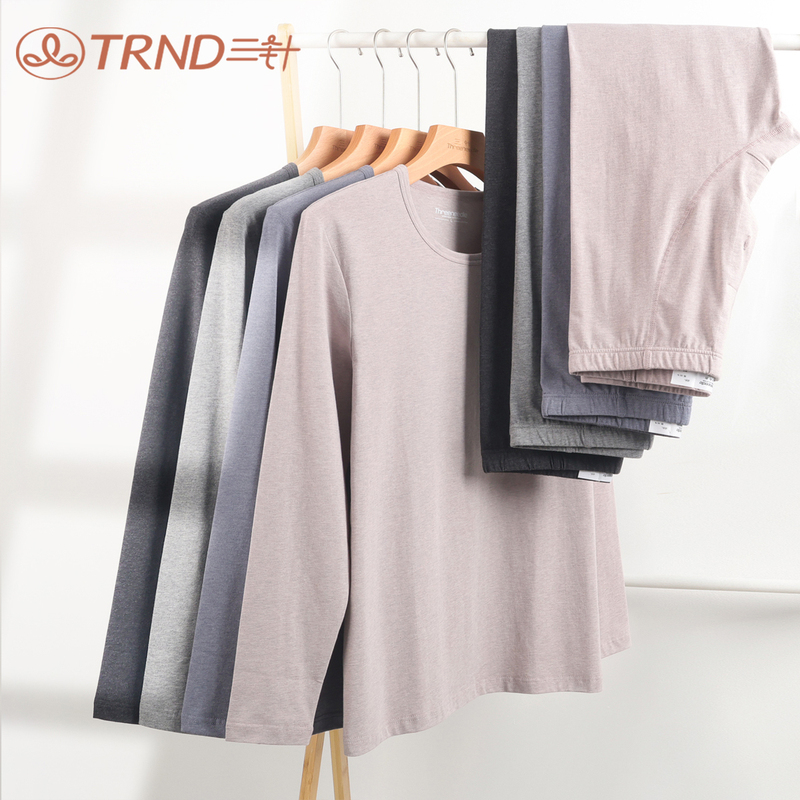 Men's Three-Piece Spring and Autumn Thin Lycra Cotton Underwear Set, Pure Cotton Crew Neck Undershirt, Solid Color Base Layer Top and Bottom