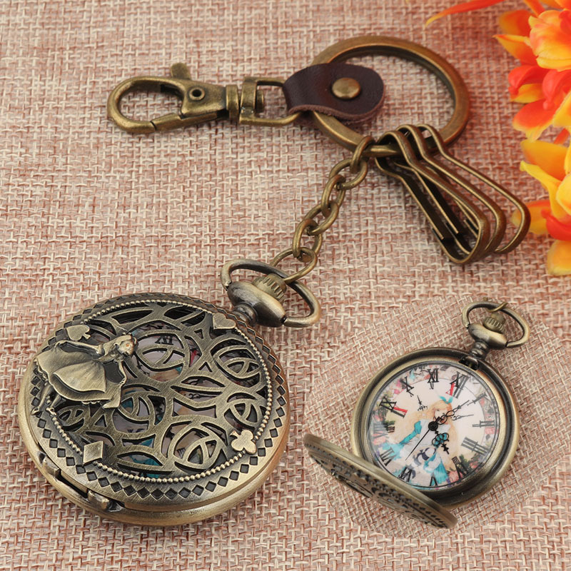 Alice in Wonderland Fantasy Girl Movie Merchandise Retro Genuine Leather Keychain Ring Watch Rabbit Playing Cards