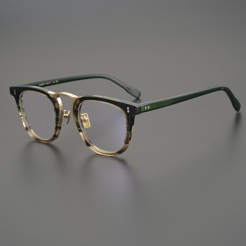 Japanese Designer Style Medium Gold Titanium Bridge, Unique Square Thick Frame for Large Faces, Full Frame Acetate Trendy Prescription Eyeglass Frames